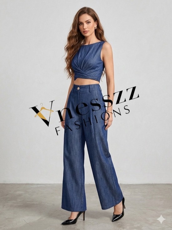 Commense Pants - Commense SET Cross-Tie Crop Top & Wide-Leg Pants Set See Description